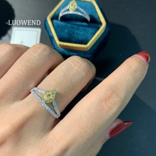LUOWEND 100% Real 18K White Gold Ring AU750 Pear Shape Natural Yellow Diamond Ring Women Wedding Engagement Jewelry