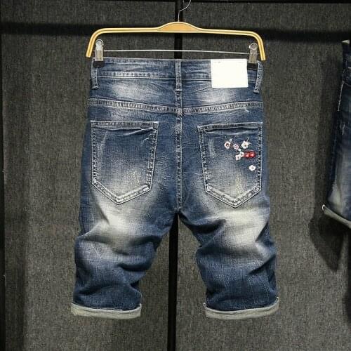 Summer Stretchy Denim Shorts Mens Vintage Embroidery Knee Length Trousers Straight Slim Short Jeans Male Casual Jeans Plus Size
