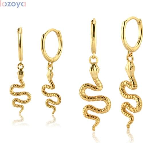 LOZOYA 925 Sterling Silver Gold Drop Earring 2021 Snake Small Aniaml Big Pendant Pendiente Piercing Ohrringe Rock Punk Jewelry