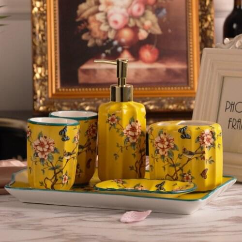 Bathroom Accessories Set Ceramic Soap Dispenser Toothbrush Holder & Gargle Cups Soap Dishes Lavatory 5 Pieces Set Wedding Gift