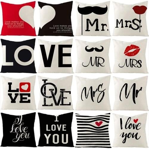 Valentines Day Cushion Cover 45X45 Black Letters Love Decorative Cotton Linen Pillowcase Sofa Cushions Red Pillow Covers Nordic
