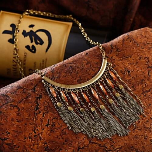 Newest Vintage Tassel Vintage Long Chain Brown Necklace Ethnic Boho Long Women Gift Maxi Jewelry Necklace