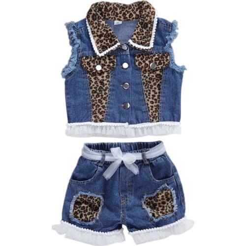 1-6Y Fashion Infant Baby Girls Leopard Clothes Sets Sleeveless Single Breasted Vest Coat Tops Shorts 2pcs