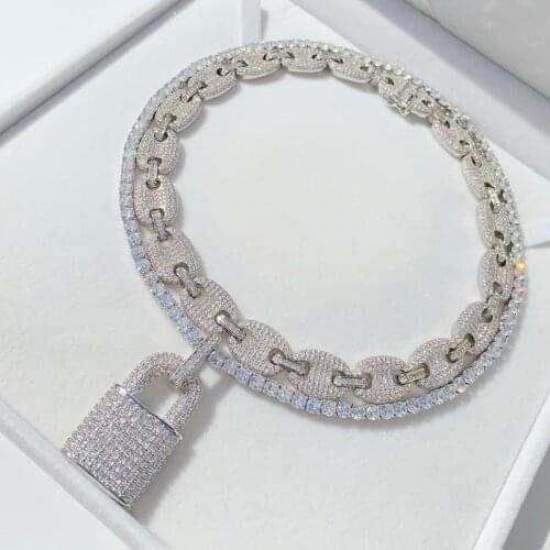 Hip Hop Jewelry Silver Color CZ Lock Pendant Necklace 5MM Tennis Chain Rope Iced Out Bling Cubic Zircon Necklace For Men Women