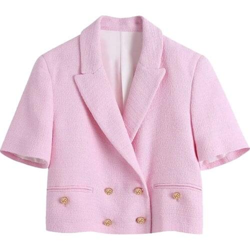 2021 New Women Fashion With Buttons Tweed Cropped Blazer Coat Vintage Long Sleeve Female Outerwear Chic Veste Femme