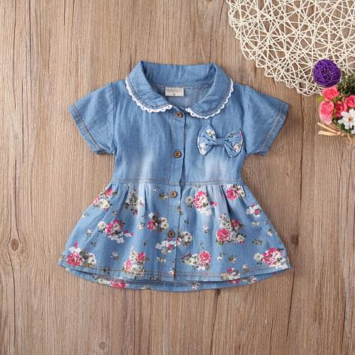 Pudcoco Girl Dress 0-4Y Newborn Baby Kids Girls Denim Floral Dress Bowknot Sundress Flower