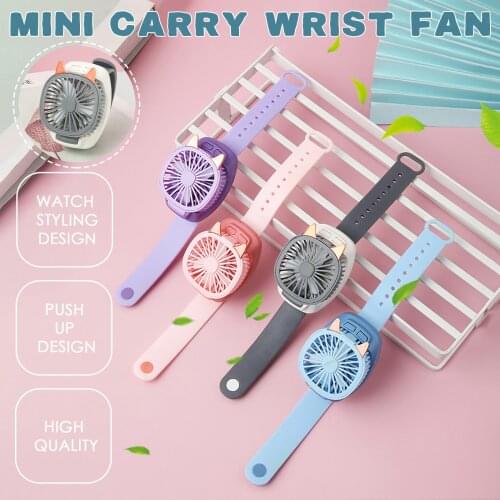 Portable USB Wrist Fan Mini Watch Fan Ventilator LED Light Rechargeable Cute Cat Pet Air Cooling Sports Fans Kids Children Gift