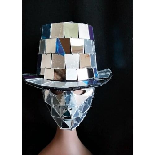 Silver sequin hat mask Bar GOGO props performance hat Cosplay party mirror man dance cap and masks