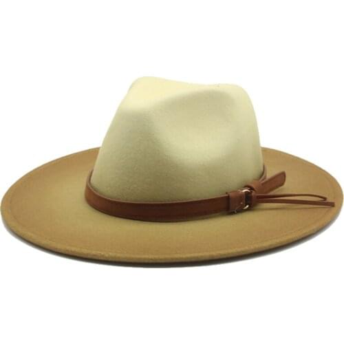Winter hats women Wide Brim Gradient two-tone wool fedora hat Leather Ribbon Gentleman church Panama jazz cap green fedora hats