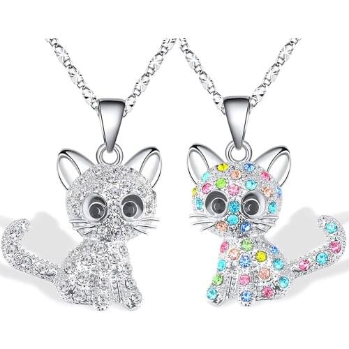 Rhinestone Crystal Cute Cat Pendant Necklace for Women Children Colorful Quartz Cute Animal Necklaces Pendants Jewelry Gifts