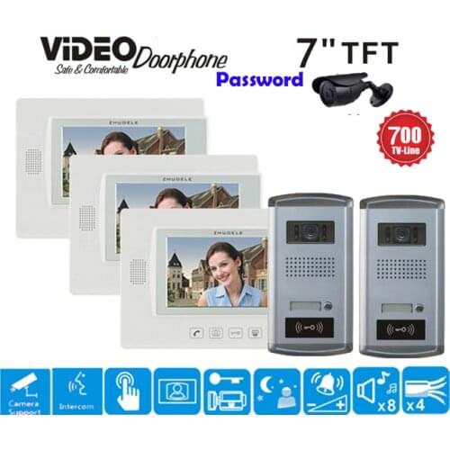 ZHUDELE 2Camera+3Monitor 7"Luxury Video Door Phone Touch Key Doorbell Intercom Support CCTV Camera IR HD Camera with ID Card