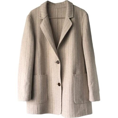 High Quality 2019 Womens Coat Autumn Winter Double-sided Cashmere Retro Simple Striped Suit Loose Wild Female Woolen Small Coat