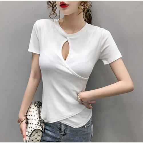 2020 Summer Women TShirt Slim Soild Hole T Shirt Lady Vogue O Neck Cotton Black Short Sleeve Korean Style T-shirt Tops Femme Rop