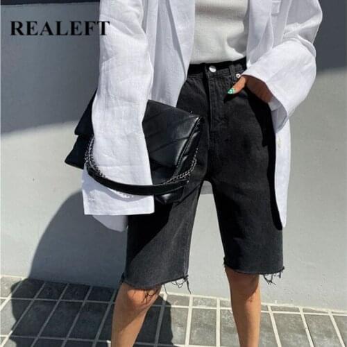 REALEFT Summer 2021 New Classic Denim Womens Half Pants High Waist Black Cotton Straight Female Chic Jeans Trouses Ladies
