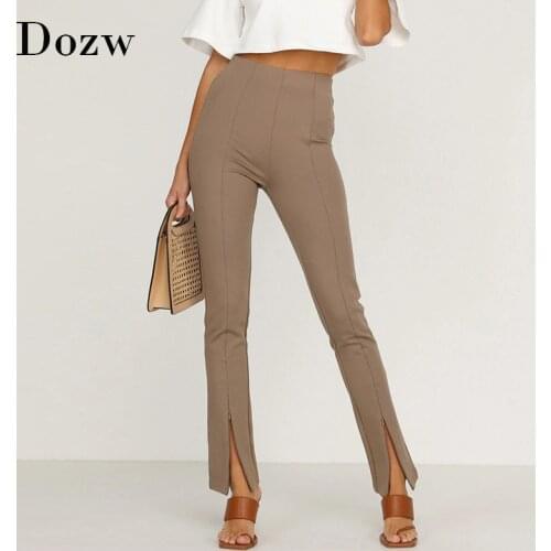 Women Fashion Stretch Pencil Pants 2020 High Waist Chic Split Trousers Solid Casual Long Pants Bottoms Pantalones Mujer