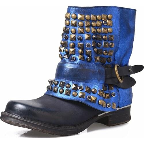 Bottes Femmes 2020 metallic nubuck leather rivets punk ladies shoes horse riding short combat boots buckle rain botas woman