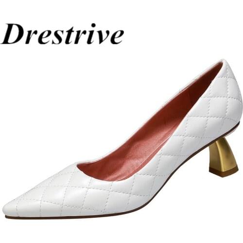 Drestrive Womens Pumps Pointed Toe Mid Heels 5.5 cm 2020 Summer Female Fashion Shoes Metal Heel Black Lattice Size 33-41