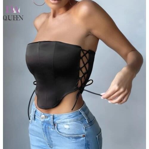 EvaQueen Solid Black Irrgular Date Crop Top Women Strapless Lace Up Summer Corset Top Backless Zippered Soft Sexy Party Tank Top