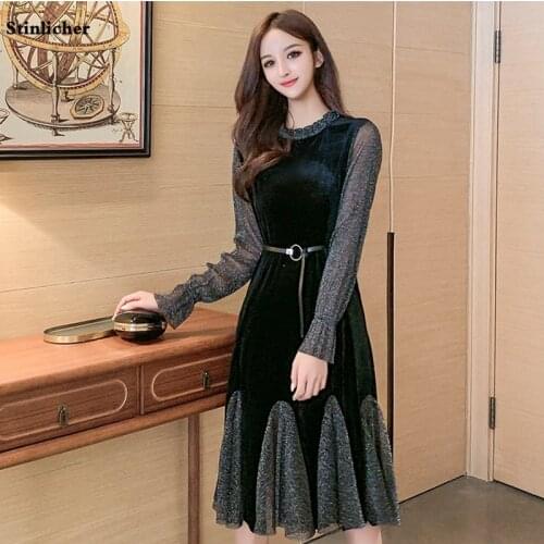 Velvet dress women autumn winter long-sleeved sequined pleated velvet mesh dress elegant ladies club evening party dress female