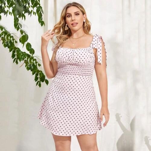 Summer Polka Dot Pure Color Temperament Commuter Sexy Camisole Low-Cut Dress Large Size Women -40