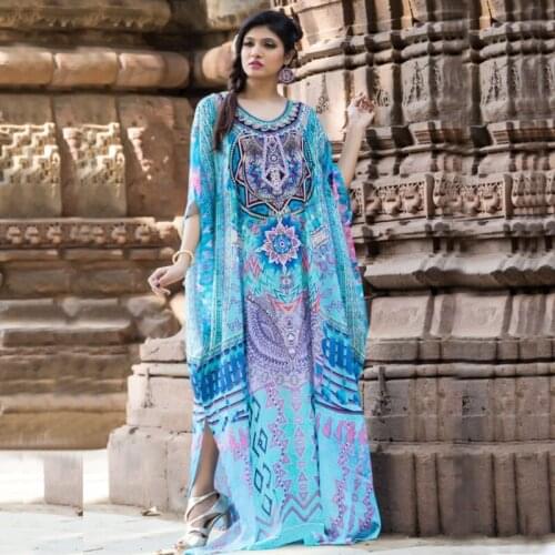 2021 Bohemian Printed Women Caftan Beach Dress Bathing Suit Cover Up Summer Tunic For Woman Beachwear Robe de plage Kaftan #Q741