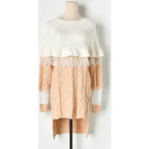 Contrast Stitching Mesh Lace Ruffles Knitted Sweater Dress Mid-length High Street Elegant Women Pullover Tops Outerwear T90729