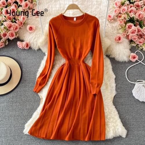 Young Gee Elegant Knitted Sweater Stretchy Dress Women Autumn O-neck Long Sleeve Pleated Basic Trunic Dresses Vestidos Robe