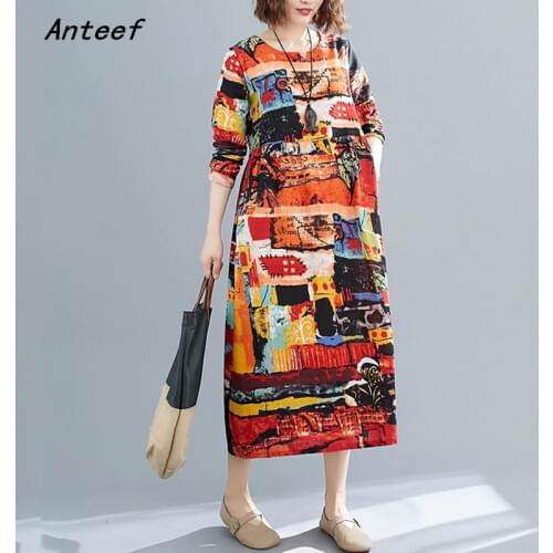Long sleeve plus size cotton linen floral vintage for women casual loose autumn dress elegant clothes 2021 ladies dresses
