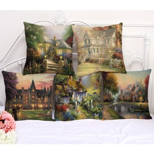 Scenic Home Color Painting Cushion Cover Cotton Linen Decorative Pillowcase Chair Seat Square 45x45cm Pillow Cover F1006