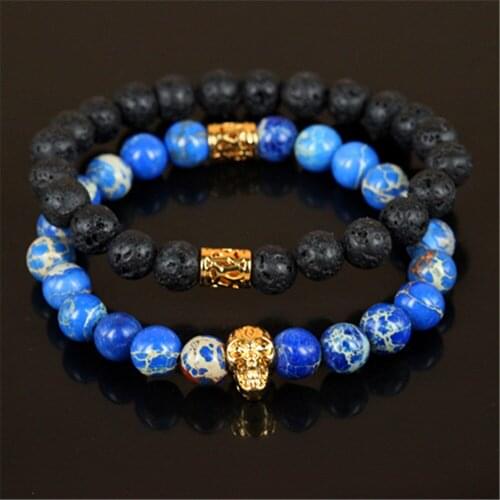 2pcs/lot Natural 8mm Imperial Statement Stone and Lava Beads Stone Bracelet Gold Color Skull Head Charm Men Stone Bracelet