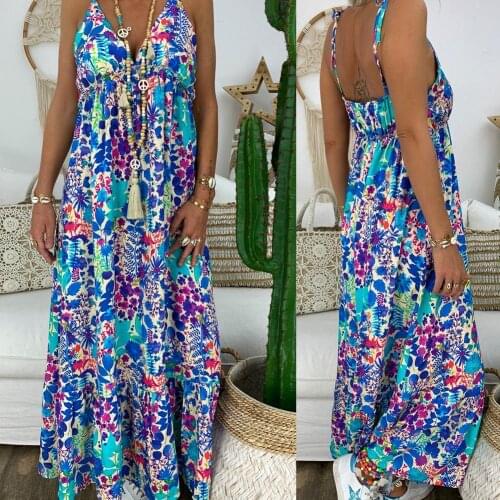2021 Hot Sales!!Bohemian Women V Neck Flower Print Loose Sleeveless Casual Beach Maxi Dress
