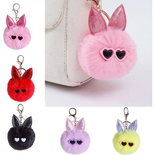 7Colors Cute PomPom Fur Ball Keychain Rabbit Ear Keyring Bag Charm Car Pendant Sunglasses Keychain Women Accessories
