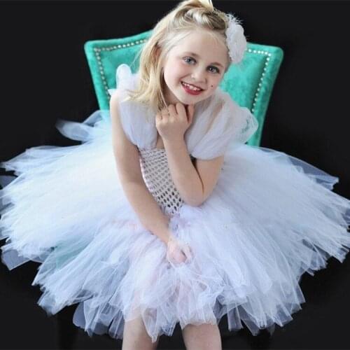 Baby Girls White Crochet Tutu Dress Kids Puffy Shoulder Dress with Flower Hairbow Children Birthday Party Costume Wedding Dress
