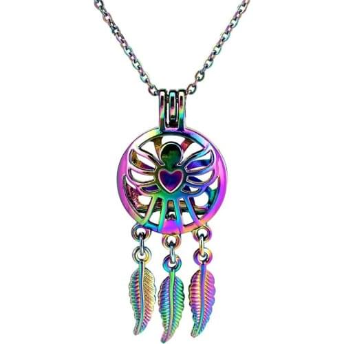 C826 Rainbow Color Dream Catcher Butterfly Cage Pendant Locket Aroma Essential Oil Diffuser Locket Necklace