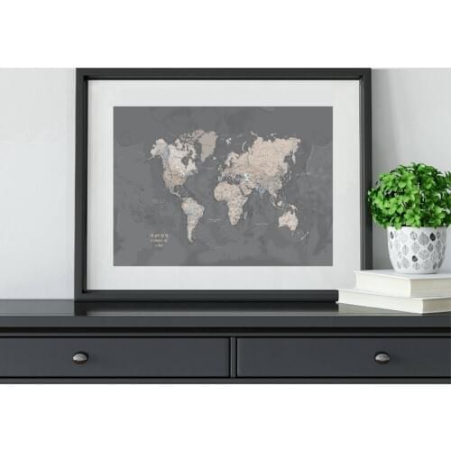 World Map Art Print Gray Poster Home Decoration , Compass Live Map of the World Wall Art Picture Canvas Painting Dorm Decor