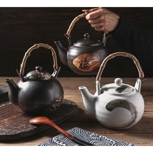Large Capacity Japanese Style Ceramic Teapot Teaware with Rattan Handle Hand-painted Tea Sets Tea Kettle Tea Pot Tea Maker