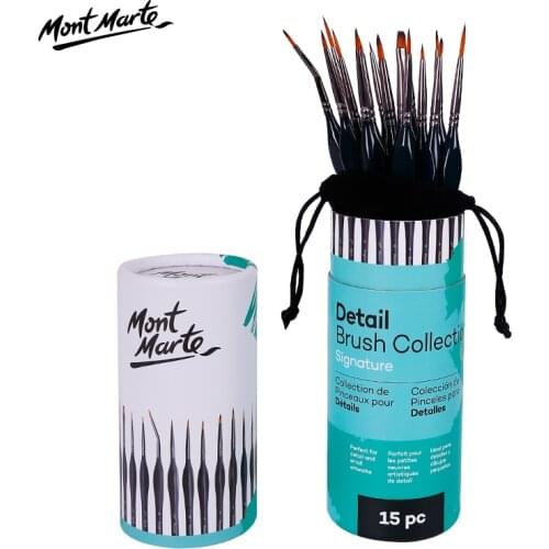 Mont Marte Signature Detail Brush Collection, 15 Piece, Taklon Bristles, Suitable for Acrylic, Oil, Watercolor and Gouache Paint
