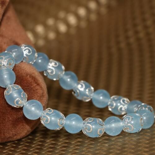 Fashion 8mm light blue stone jades chalcedony elastic strand silver-color spacer bracelet women round beads jewels 7.5inch B2047