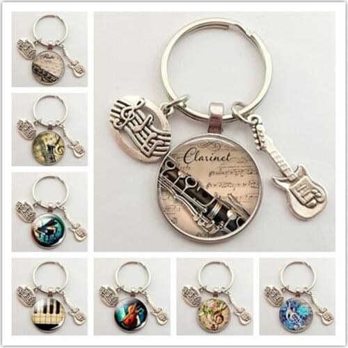 Musical Instrument Clarinet Guitar Flute Violin Music Key Chain Pendant Music Note Keychain Key Rings Music Glass Dome Jewelry