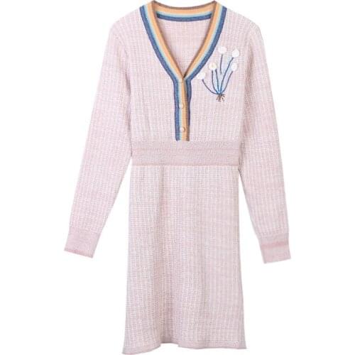2020 Autumn Pink Sweater Dress V-Neck Single-breasted Long Sleeve A Line Knee-Length Knitted Dress