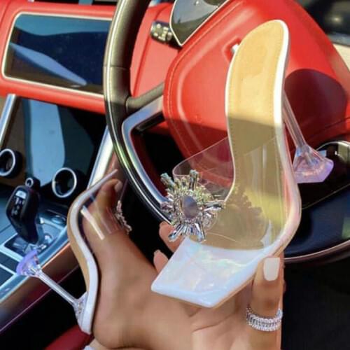 PVC Transparent Crystal Sun Flowers Buckle Womens Slippers Summer Square Toe Ladies Strange High Heels Sandals Shoes Drop Ship