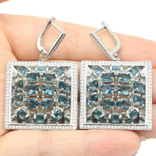 35x18mm SheCrown New Arrival Rich Blue Aquamarine White Cubic Zircon 925 Sterling Silver Earrings Daily Wear
