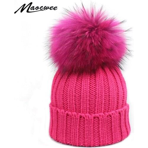 Adult and Child Dyeing Pompom Beanies Winter Womens Hats Knitted Skullies Real Fur Pom pom Cap Gorros Bonnet Femme Hat For Girl