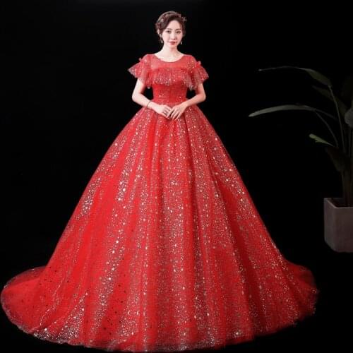 Wedding Dresses Illusion O-Neck Short Sequined Tulle Lace Backless Luxury Red Train Vintage Elegant Nice Women Bridal Gown FB612