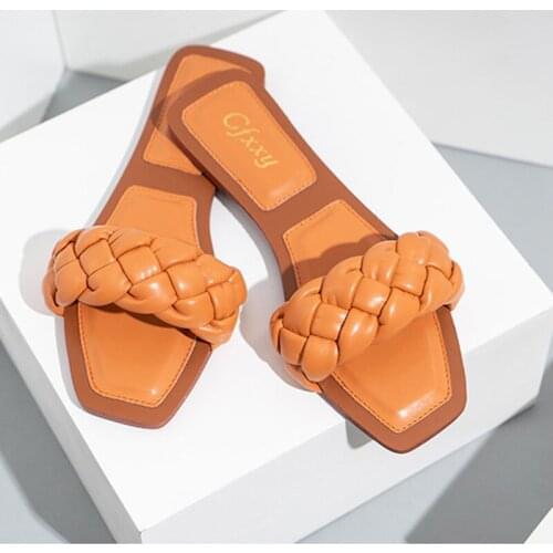 Woven Slippers Women Slip On Slides Fashion Brand Square Toe Leather Flat Sandals Female Outdoor Casual Slippers Flip Flops