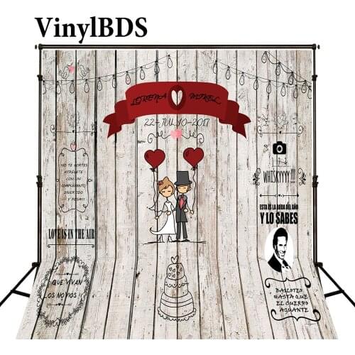 VinylBDS Custom Wooden Wall Wedding Photography Background Romantic Cake Backgrounds Cartoon Newlyweds Backdrop for Photocall