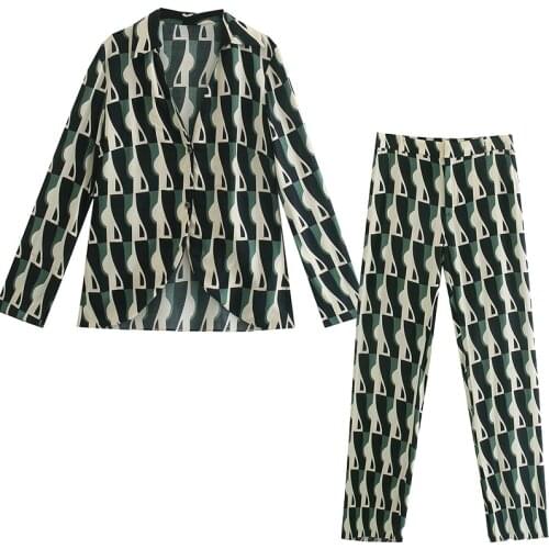 Aonibeier 2021 Za Woman Casual Traf Outfits Female Thin Style Summer Geometric Print Shirt + Long Pants Suits 2 Piece Sets