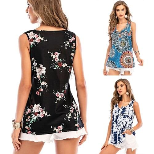 WomenS V-Neck Casual Vest Button Sleeveless Shirt Boho Floral Print Loose Sleeveless Vest Top Summer Tunic