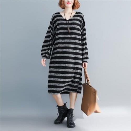 Knitted stripes dress Cotton 2019 new womens autumn winter plus size mid-length V-neck Lantern sleeve loose vestidos D125