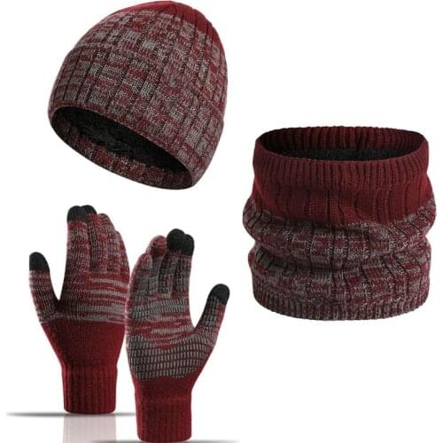 Men Women Winter 3 Pieces Knitted Beanie Hat Scarf Non-Slip Touch Screen Gloves Set Thicken Thermal Plush Lined Skull Cap Neck